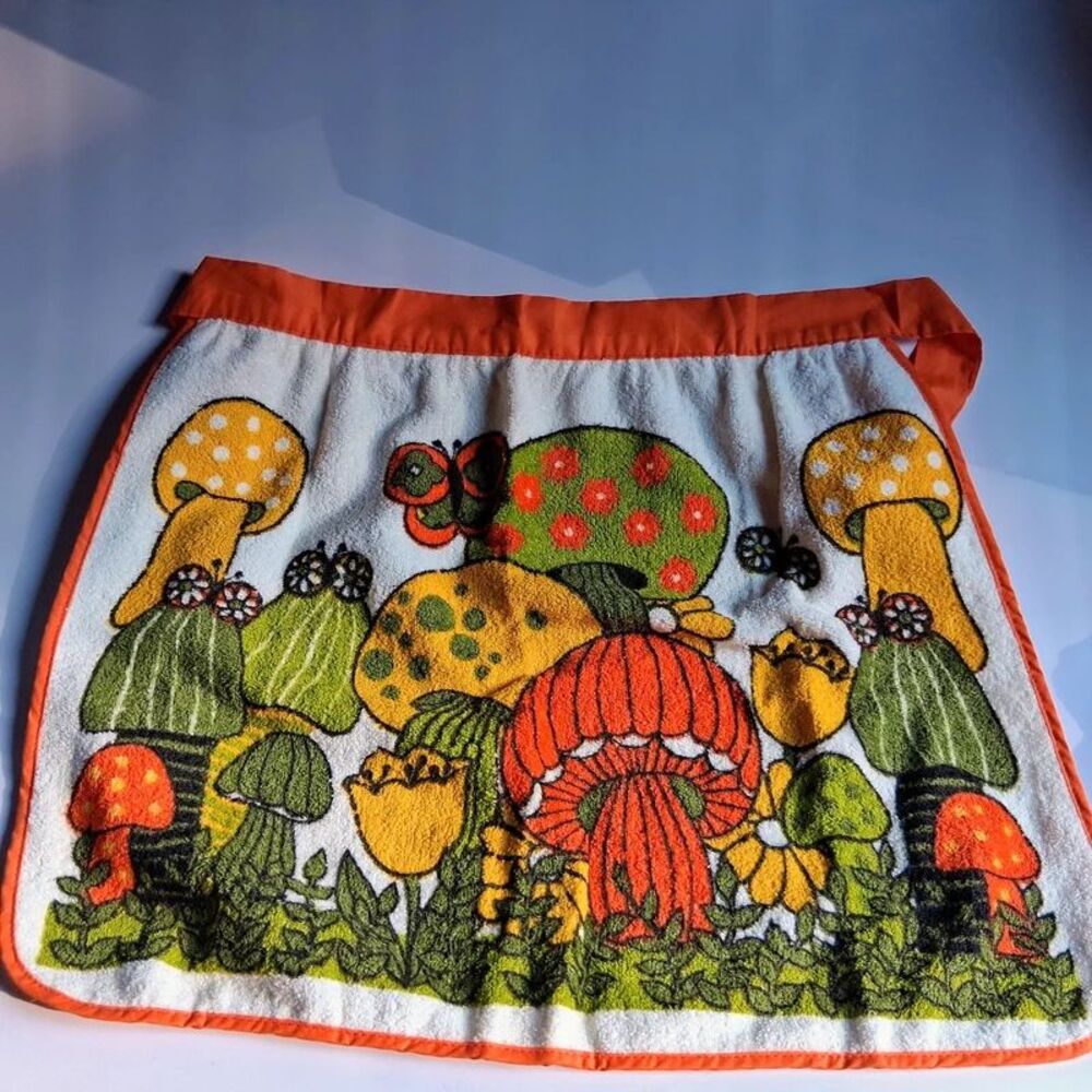 Vintage 70s Barth & Dreyfuss Mushroom Terrycloth Apron Mod Psychedelic Groovy